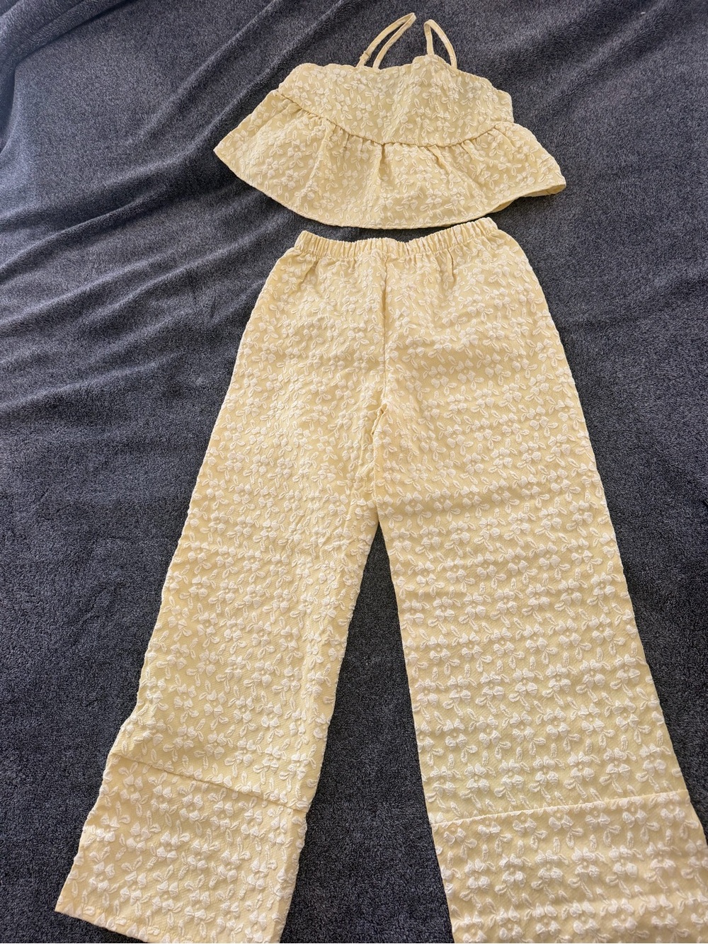 Light Yellow Embroidered Wide-Leg Pants & Crop Top Set